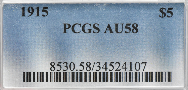 1915 Gold $5 PCGS, AU-58