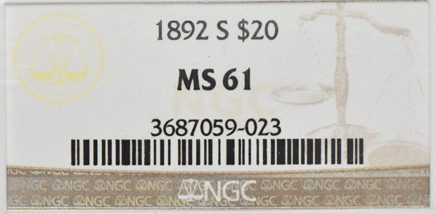 1892-S Gold $20 NGC, MS-61
