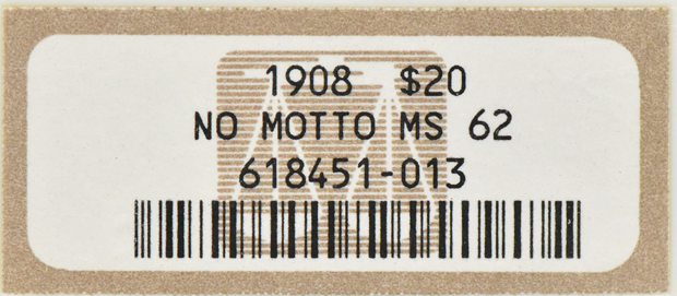 1908 Gold $20 NO MOTTO NGC, MS-62