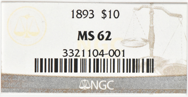 1893 Gold $10 NGC, MS-62