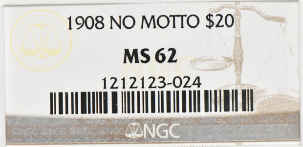 1908 Gold $20 NO MOTTO NGC, MS-62