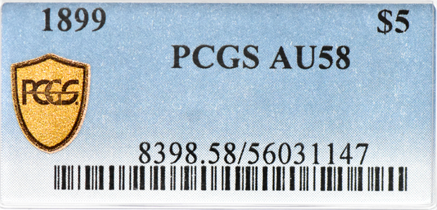 1899 Gold $5 PCGS, AU-58