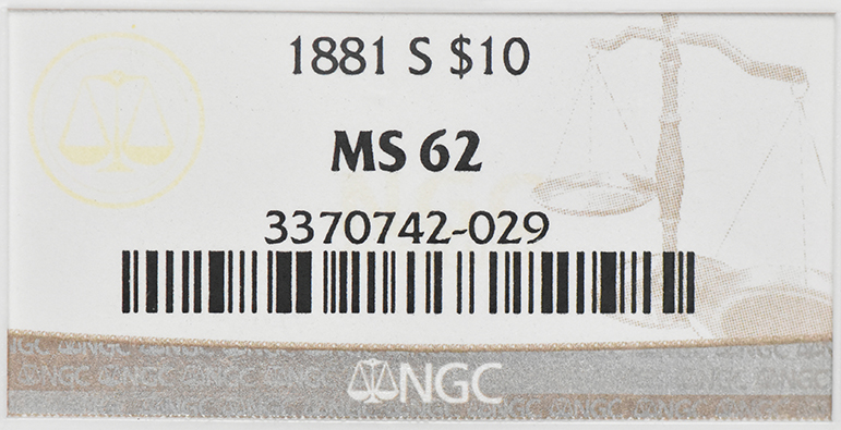 1881-S Gold $10 NGC, MS-62