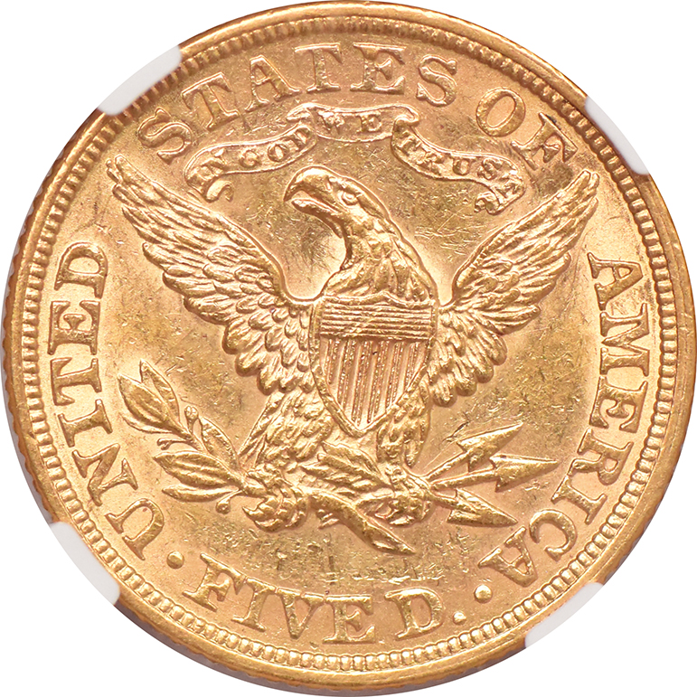 1882 Gold $5 NGC, AU-58