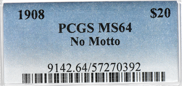 1908 Gold $20 NO MOTTO PCGS, MS-64