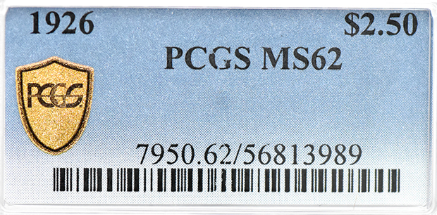 1926 Gold $2.50 PCGS, MS-62