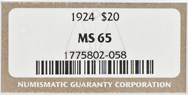 1924 Gold $20 NGC, MS-65
