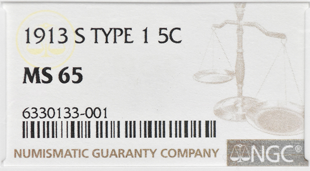 1913-S Nickel Type 1 NGC, MS-65