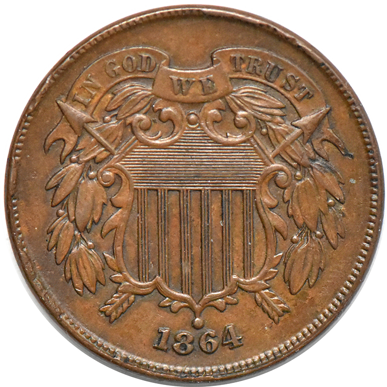 1864 Two-Cent Large Motto, MS-63 BN