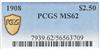 1908 Gold $2.50 PCGS, MS-62