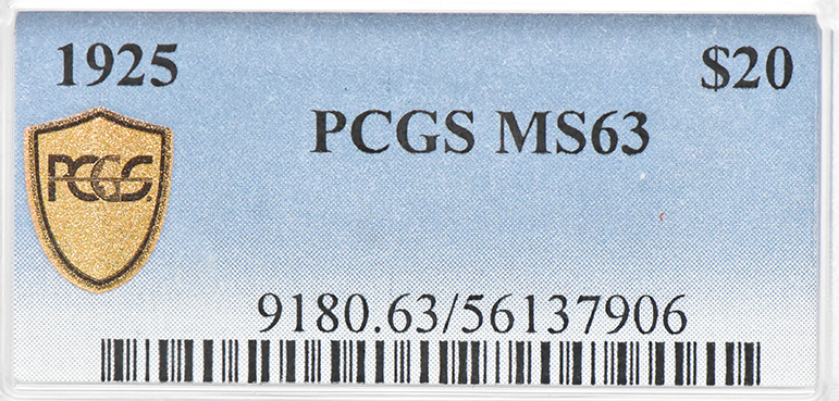 1925 Gold $20 PCGS, MS-63