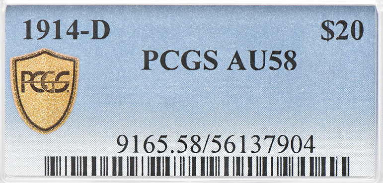 1914-D Gold $20 PCGS, AU-58