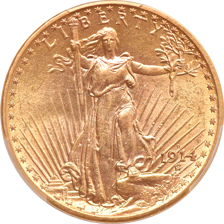 1914-D Gold $20 PCGS, AU-58
