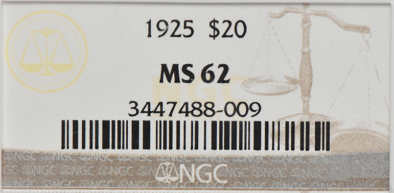 1925 Gold $20 NGC, MS-62