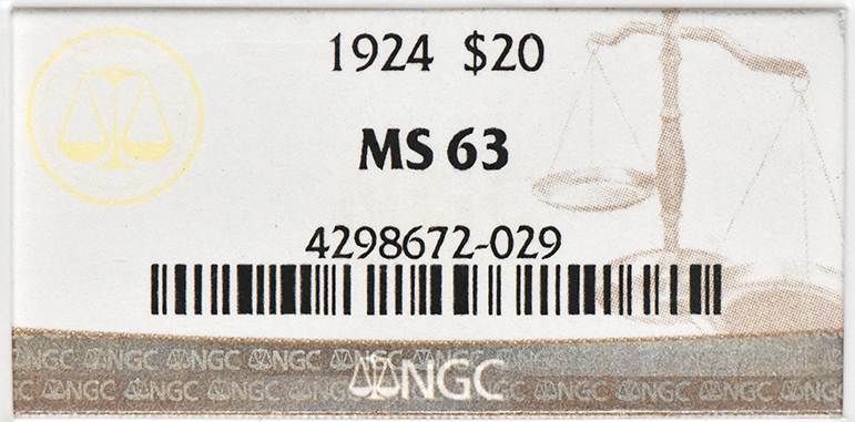 1924 Gold $20 NGC, MS-63