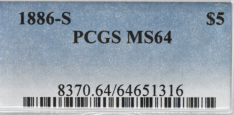 1886-S Gold $5 PCGS, MS-64