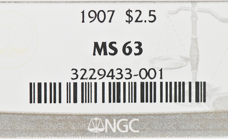 1907 Gold $2.50 NGC, MS-63