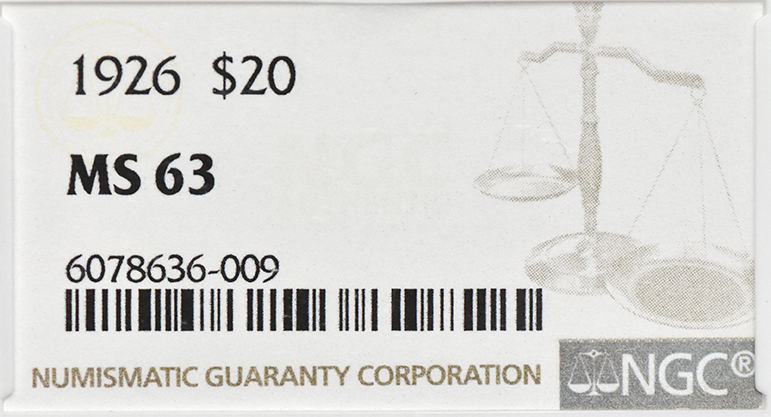 1926 Gold $20 NGC, MS-63