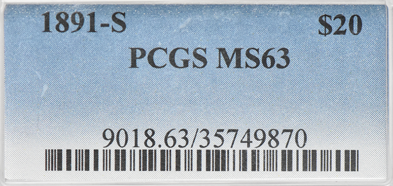 1891-S Gold $20 PCGS, MS-63