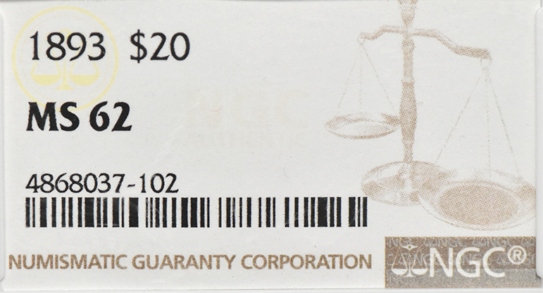 1893 Gold $20 NGC, MS-62