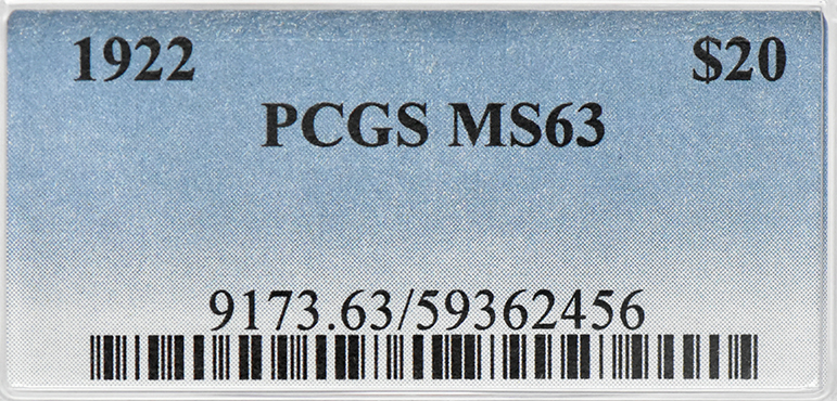 1922 Gold $20 PCGS, MS-63