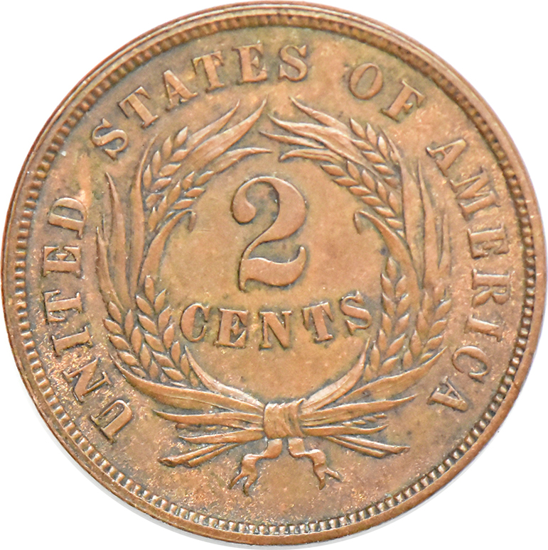 1865 Two-Cent Fancy 5, AU-58