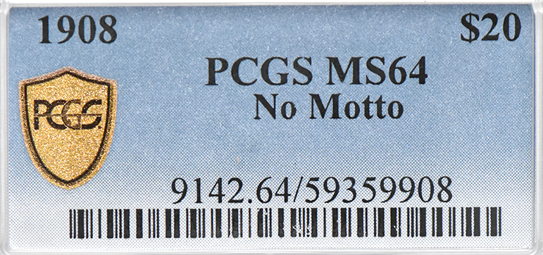 1908 Gold $20 NO MOTTO PCGS, MS-64