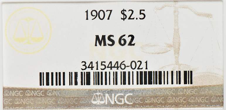 1907 Gold $2.50 NGC, MS-62