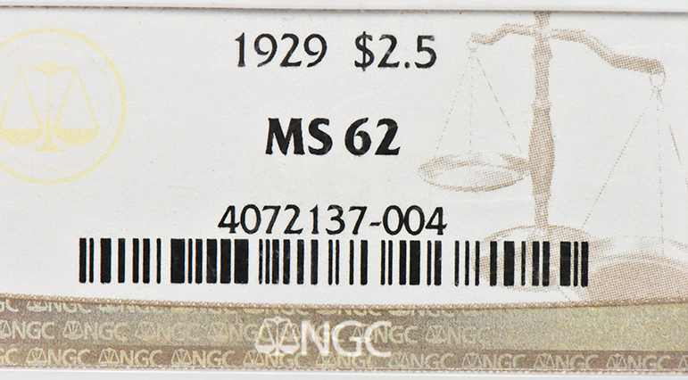 1929 Gold $2.50 NGC, MS-62