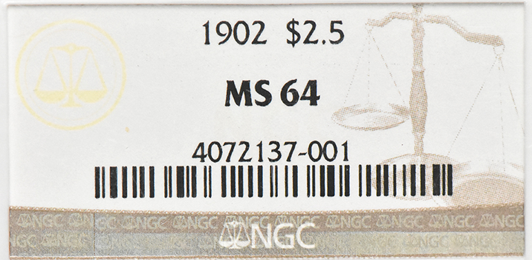 1902 Gold $2.50 NGC, MS-64