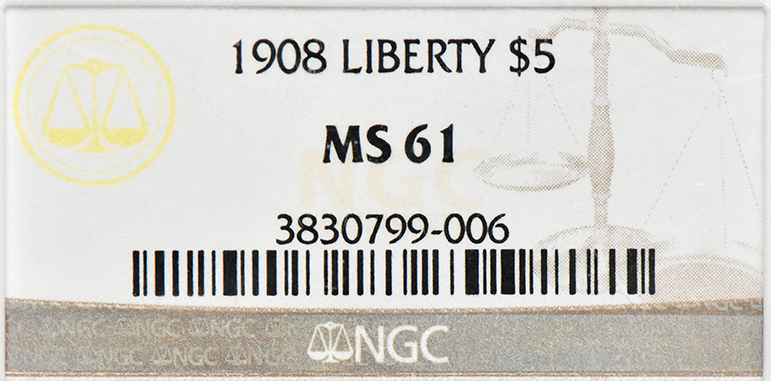 1908 Gold $5 NGC, MS-61