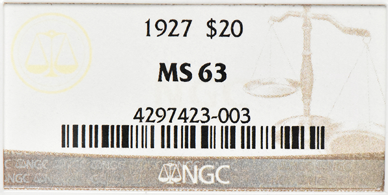 1927 Gold $20 NGC, MS-63