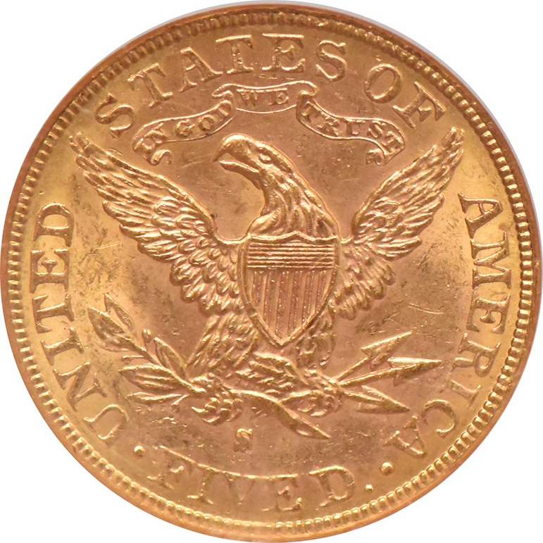1887-S Gold $5 NGC, MS-62