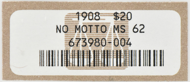 1908 Gold $20 NO MOTTO NGC, MS-62