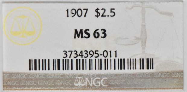 1907 Gold $2.50 NGC, MS-63