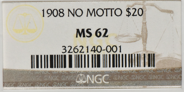 1908 Gold $20 NO MOTTO NGC, MS-62