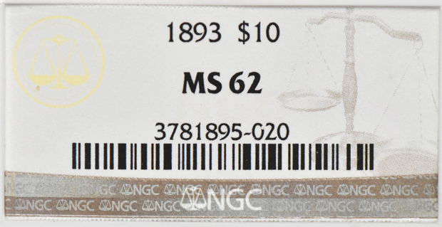 1893 Gold $10 NGC, MS-62