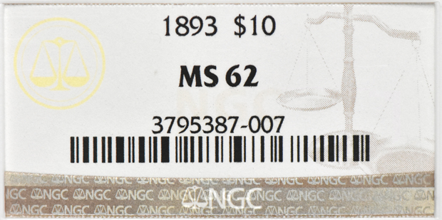 1893 Gold $10 NGC, MS-62