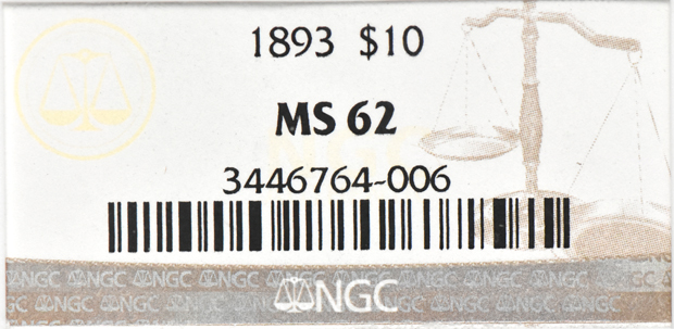 1893 Gold $10 NGC, MS-62