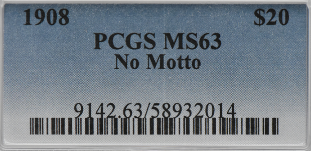 1908 Gold $20 NO MOTTO PCGS, MS-63