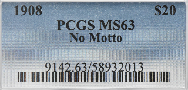 1908 Gold $20 NO MOTTO PCGS, MS-63