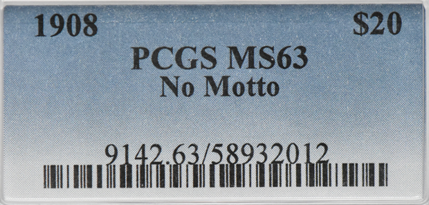 1908 Gold $20 NO MOTTO PCGS, MS-63