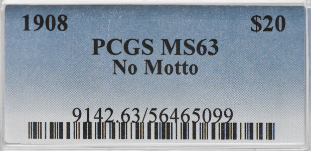 1908 Gold $20 NO MOTTO PCGS, MS-63