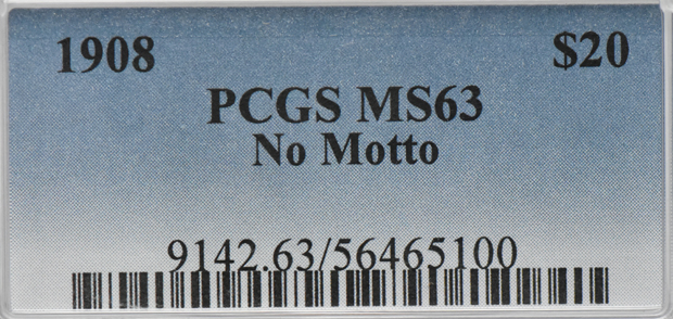 1908 Gold $20 NO MOTTO PCGS, MS-63