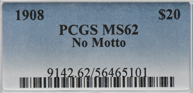 1908 Gold $20 NO MOTTO PCGS, MS-62