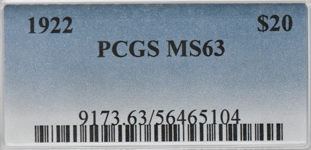 1922 Gold $20 PCGS, MS-63
