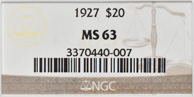 1927 Gold $20 NGC, MS-63