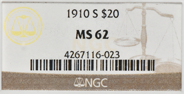 1910-S Gold $20 NGC, MS-62