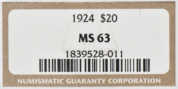 1924 Gold $20 NGC, MS-63