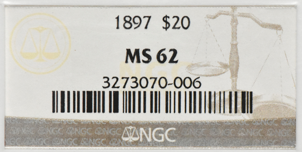 1897 Gold $20 NGC, MS-62